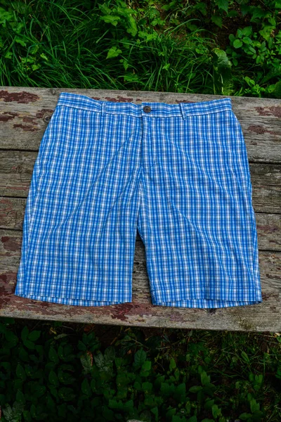 Shorts Tartan Plaid Pattern Checkered Fabric Texture Print Blue Pale — 스톡 사진