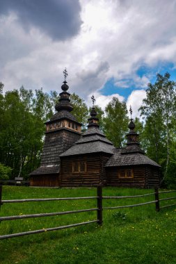 Lviv.Ukraine.June 2022.Old ancient wooden church in Lviv..Church of Saints Olga and Vladimir in Lviv skansen.