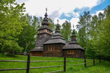 Lviv.Ukraine.June 2022.Old ancient wooden church in Lviv..Church of Saints Olga and Vladimir in Lviv skansen.