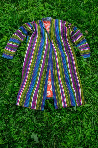 Traditional Asian Striped Robe Made Handmade Silk Laid Out Grass — Stock Photo, Image