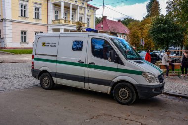 Lviv.Ukraine. August 2022.Armored encashment truck Ford Transit. Armored car of the Aval commercial bank for transporting money.
