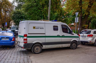 Lviv.Ukraine. August 2022.Armored encashment truck Ford Transit. Armored car of the Aval commercial bank for transporting money.