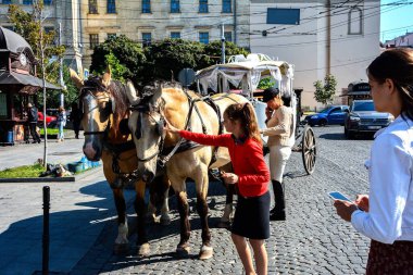 LVIV, UKRAINE - August , 2022: View of a tourist family on a horse-drawn carriage on Svobody Avenue. A girl near a horse-drawn carriage.