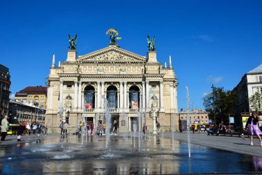 LVIV, UKRAINE - OCTOBER 23, 2021: front view of Lviv Theatre of Opera and Ballet against blue sky .Lviv Opera House, Solomiya Krushelnytska State Academic Opera and Ballet Theatre /