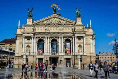 LVIV, UKRAINE - OCTOBER 23, 2021: front view of Lviv Theatre of Opera and Ballet against blue sky .Lviv Opera House, Solomiya Krushelnytska State Academic Opera and Ballet Theatre /