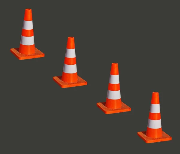 Orange traffic cone for road works isolated on white background .bright orange traffic cones standing in a row on dark asphalt