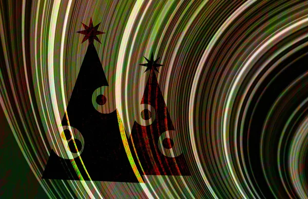 漫画スタイルのセットイラストでお祭りのクリスマスツリー 雪の枝やギフトボックスと緑のモミの木や松を飾る クリスマスカード背景コンセプトデザインハッピーニューイヤーコンセプト — ストック写真
