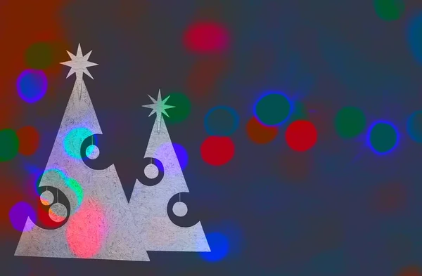 Stiliserad Vit Julgran Siluett Mot Färgglad Bokeh Från Festliga Kransar — Stockfoto