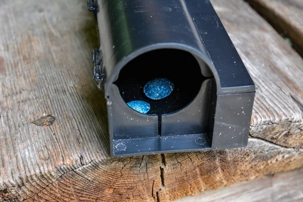 Black Plastic Rat Trap Concrete Floor Bait Poison Box Rat — Stock Photo, Image