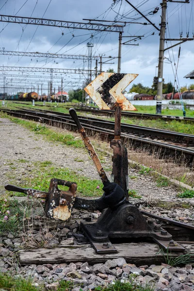 Seta Para Mudar Caminho Ferro Velho Ferroviário Arrows Old Interruptor — Fotografia de Stock