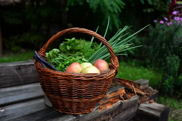 新鲜蔬菜和篮子里的食物 木制背景的篮子里的新鲜蔬菜 柳条筐里的蔬菜和水果的组合 — 图库照片