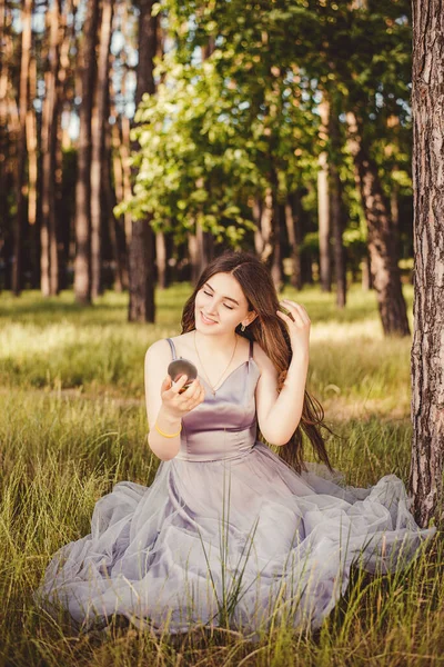 Photo Depicts Image Beautiful Young Girl Gray Puffy Dress Mirror — ストック写真