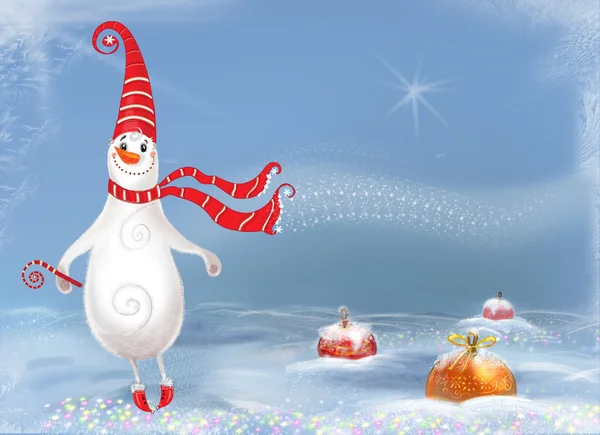 Сhristmas background. Сheerful ,happy snowman. — Stock fotografie