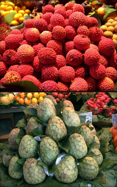 Frutas exóticas. Lichee. Cherimoya. Mercado de la ciudad Bokerija —  Fotos de Stock