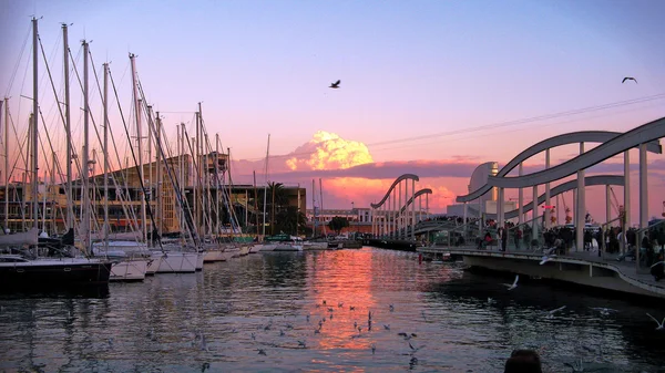 Pôr do sol no porto. Porto de Barcelona — Fotografia de Stock