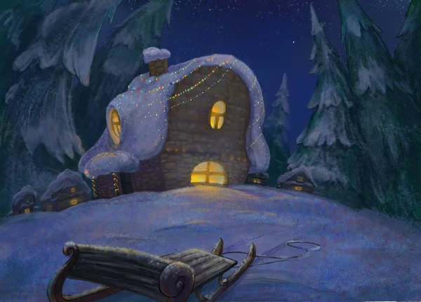 Vánoční dům v zimním lese. — Stock fotografie