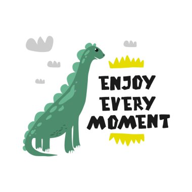 Düz çizgi film tarzında dinazor şirin vektör çizimi. El çizimi harfler - 