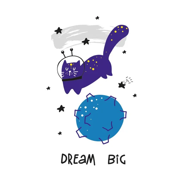 太空中可爱的卡通猫 梦想大矢量报价 幼稚的外层空间海报 — 图库矢量图片