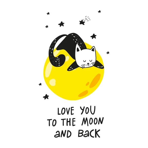 Słodki Kot Kreskówki Kosmosie Kocham Cię Księżyca Powrotem Wektor Cytat — Wektor stockowy