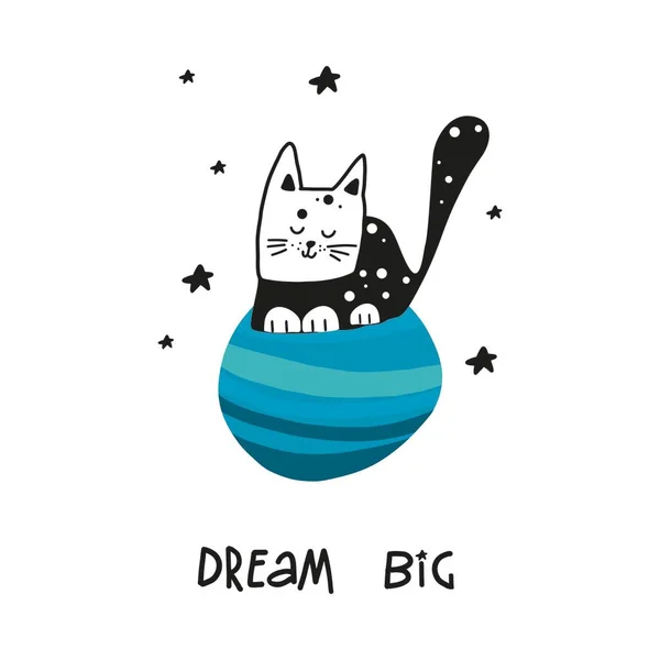 Nette Cartoon Katze Weltraum Traum Großer Vektor Zitat Kindliches Plakat — Stockvektor