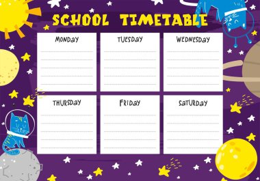 Çizgi film stili ve şirin unsurları olan vektör okulu zaman çizelgesi. Tasarım şablonu.