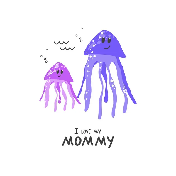 Love Mommy Handwritten Phrase Vector Cute Image Jellyfish Cub Transparent — Stock Vector