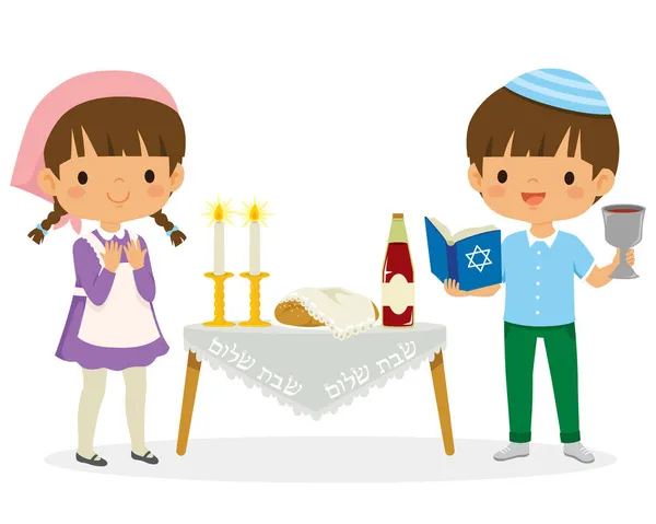 Enfants Juifs Faisant Cérémonie Shabbat Maternelle Texte Hébreu Dit Shabbat — Image vectorielle