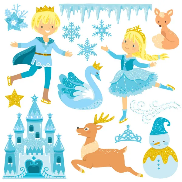 Zima Fairytale Clipart Zestaw Lodowym Zamku Księżniczka Książę Zwierzęta — Wektor stockowy