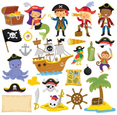 Pirates clipart set with pirate kids and various pirate items. clipart