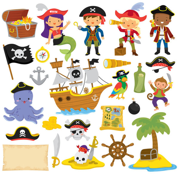 Набор пиратских клипов с пиратскими детьми и различными пиратскими предметами.