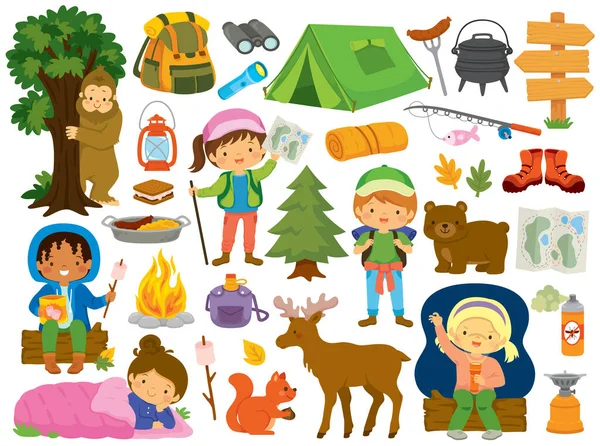 露营悬崖组 带孩子 露营用具和动物的夏令营用品 — 图库矢量图片