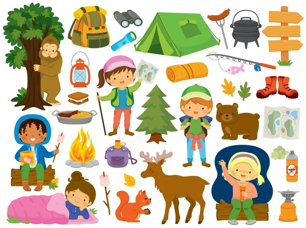 Camping Clipart Set Sommarlägerartiklar Med Barn Campingutrustning Och Djur — Stock vektor