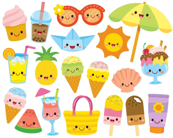Cute Kawaii Summer Clipart Set Cartoon Characters Summer Beach Related Stockillustration