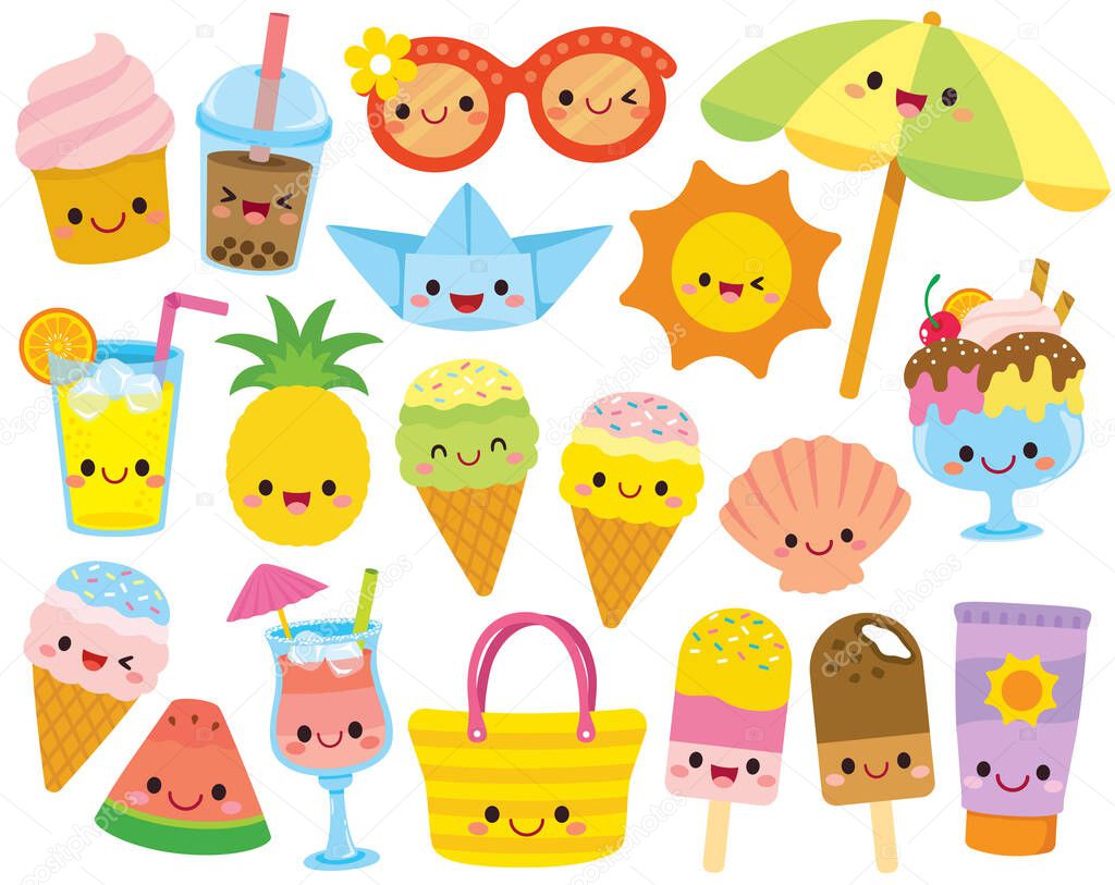 Cute kawaii summer clipart set  cartoon characters of summer and beach related items.