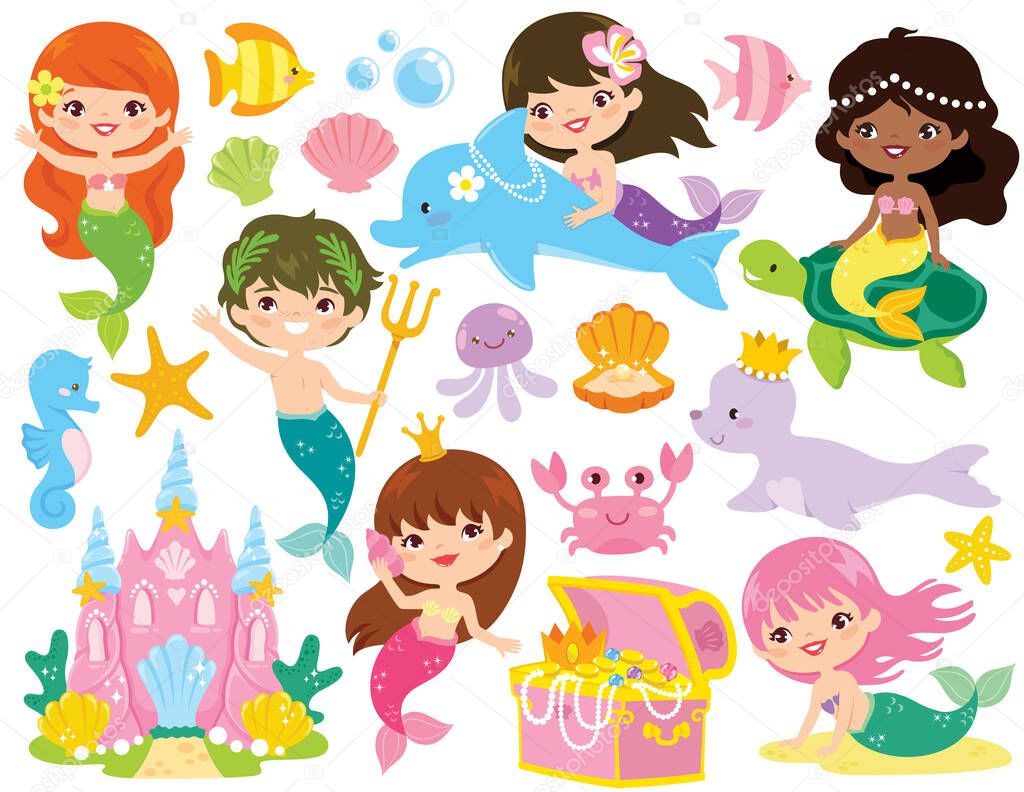 Mermaids world clipart set. Collection of cute mermaids, merman, animals and items from a magical underwater kingdom.