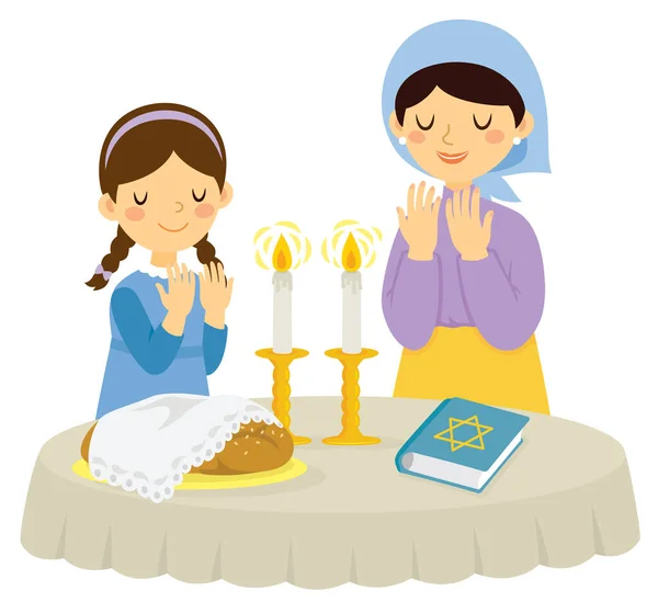 Jewish Mother Daughter Blessing Candles Shabbat Saturday Eve — Stockvector