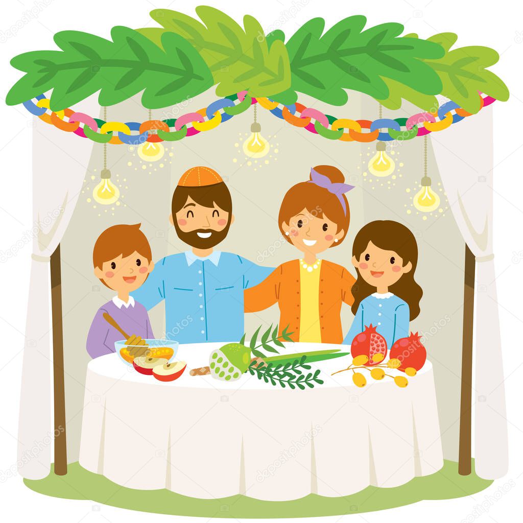 Jewish family celebrating Sukkot in the traditional booth with symbols of the holiday.