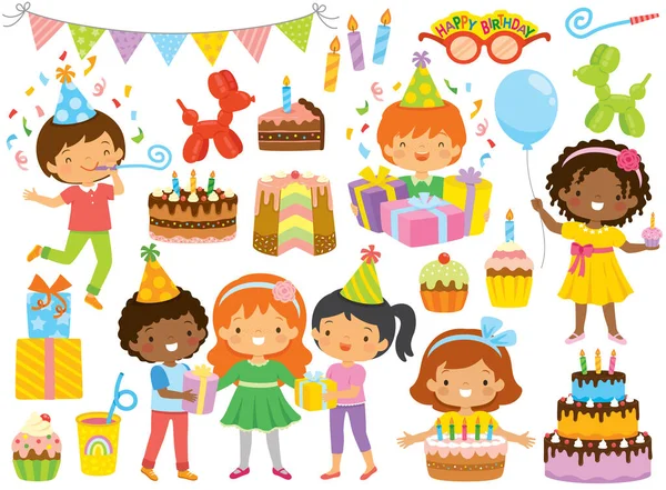 Születésnapi Előfizetői Készlet Gyerekekkel Születésnapi Party Tételek — Stock Vector