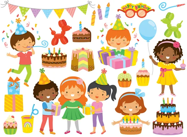 Cumpleaños Clipart Conjunto Con Niños Artículos Fiesta Cumpleaños Ilustración De Stock