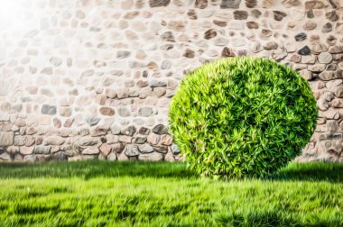 Green lawn and bush with wall in background. clipart