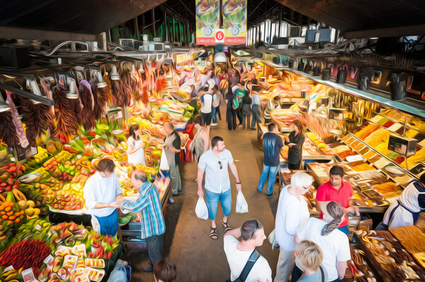 Boqueria grocery public market in Spain, Europe.