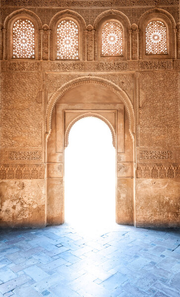 Arabesque door of Granada palace in Spain, Europe.