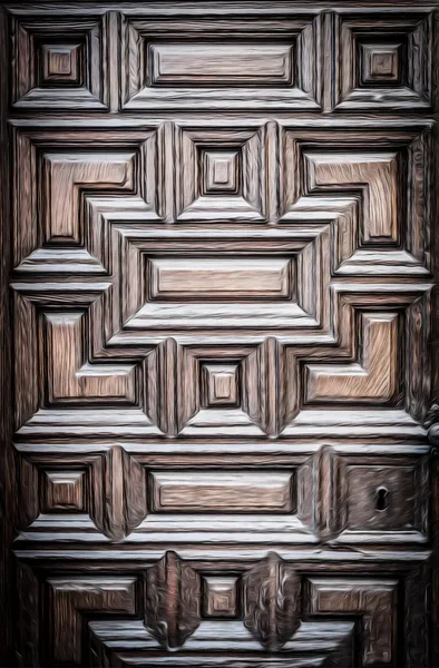 Porta de madeira velha com padrão geométrico esculpido . Fotografia De Stock