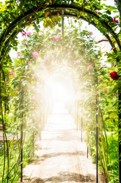 Jardim de flores com arcos decorados com rosas . Imagem De Stock