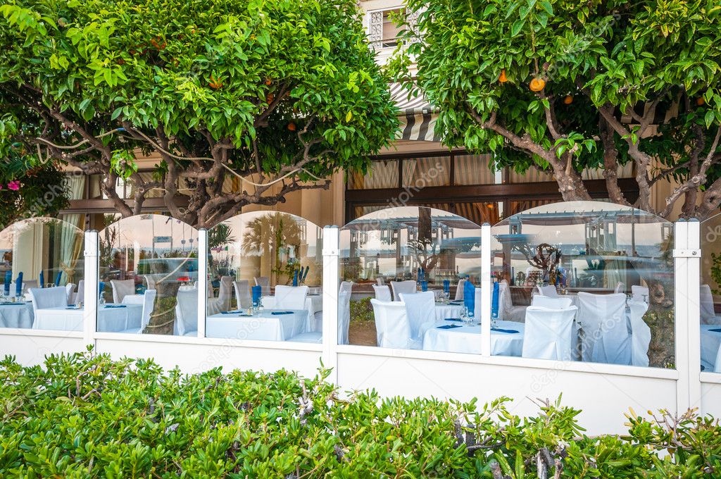 French restaurant with orange trees.