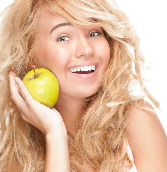 Hermosa y feliz joven con manzana . —  Fotos de Stock