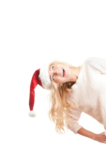 Happy santa claus girl looking up on white. — Stock Photo, Image