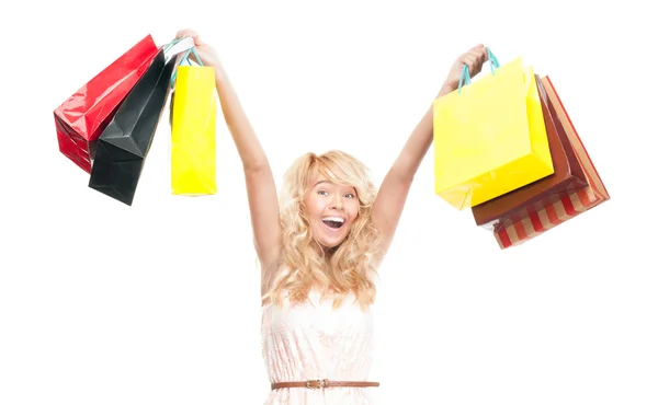 Mujer joven hermosa y feliz con bolsas de compras . —  Fotos de Stock