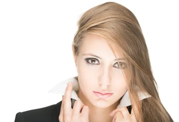 Mujer joven y elegante sobre fondo blanco . — Foto de Stock