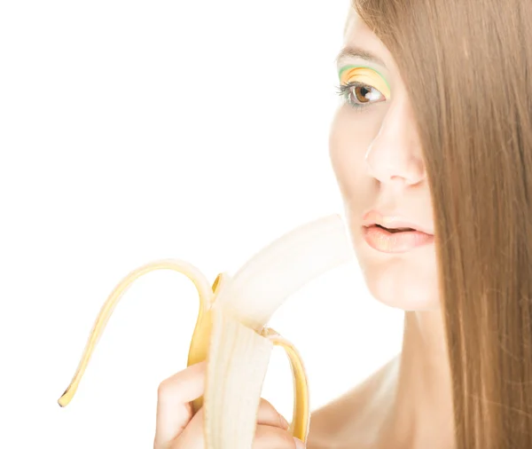 Pretty girl with banana isolated on white. — Stock Photo, Image